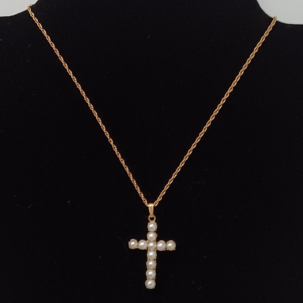 Vintage Pearl Cross Pendant on a 1/20 12K Gold Filled Chain